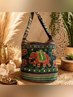 Boho Elephant Embroidered Crossbody Bag | Colorful Tribal Stripe Shoulder bag